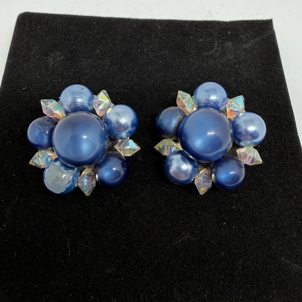 Vintage Mcm Lisner Blue Bead Ab Crystal Clip On Earrings Signed Retro Jewelry
